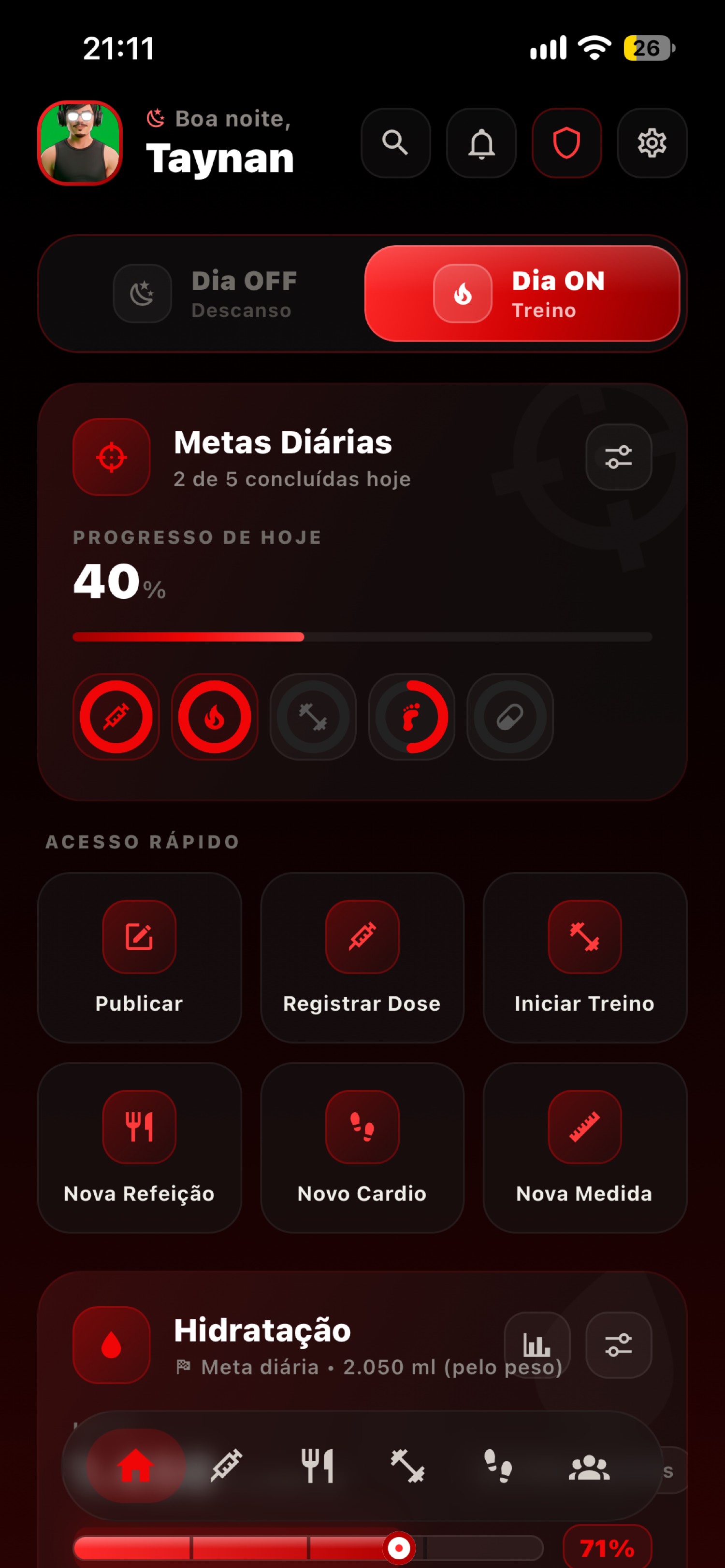 Tela inicial do DOSILIFY com metas diárias, dia de treino e hidratação